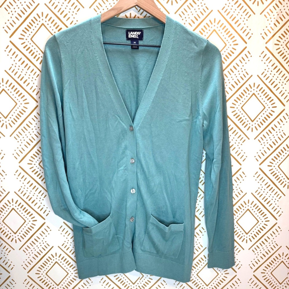 Lands' End Long Cardigan Size M V-Neck Button Front Cotton Blend Knit Spring‎